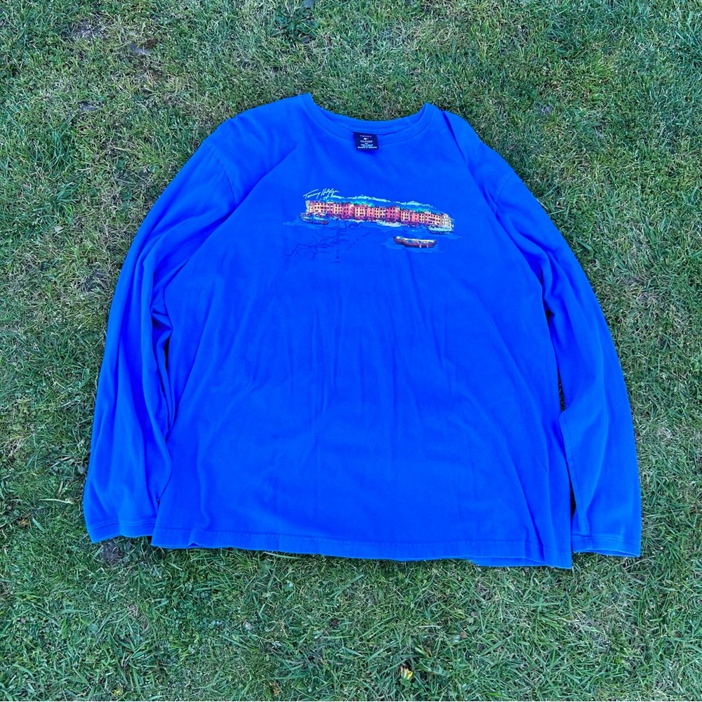 Vintage Tommy Hilfiger Graphic Print Long Sleeve T-shirt Men’s XL Blue Crew Neck